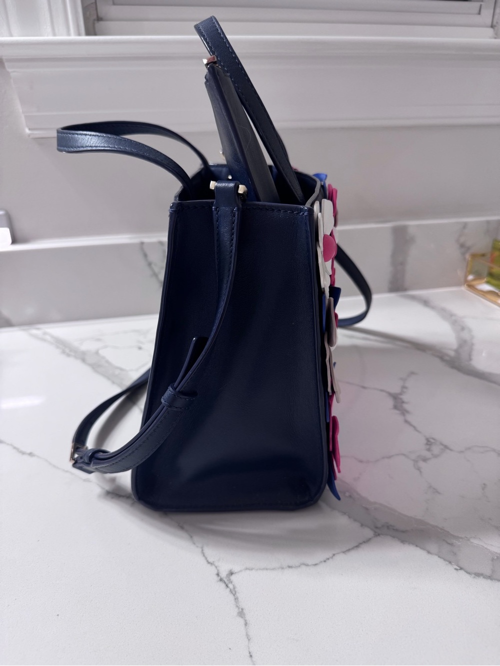 kate spade navy tote with pink, blue, white and taupe floral appliqués - Picture 2 of 6